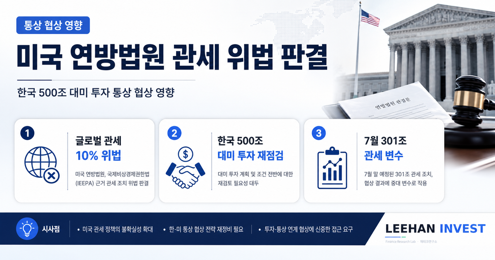 미국 연방법원 관세 위법 판결 한국 500조 대미 투자 통상 협상 영향