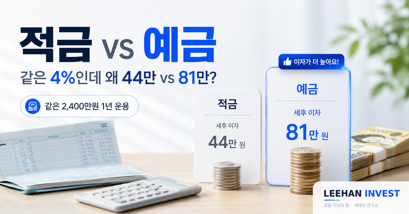 적금 vs 예금 차이 — 2,400만원 1년 시뮬레이션 약 2배 차이 (2026 완전 가이드)