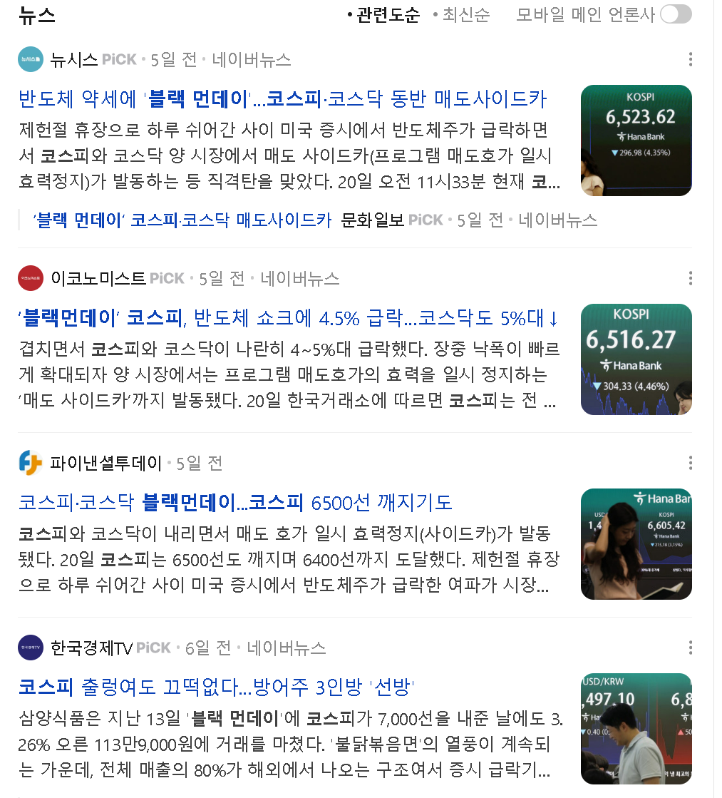 블랙먼데이 뉴스 헤드라인 4개 반도체 약세 코스피 코스닥 매도 사이드카 서킷브레이커 6500선 붕괴 방어주 3인방
