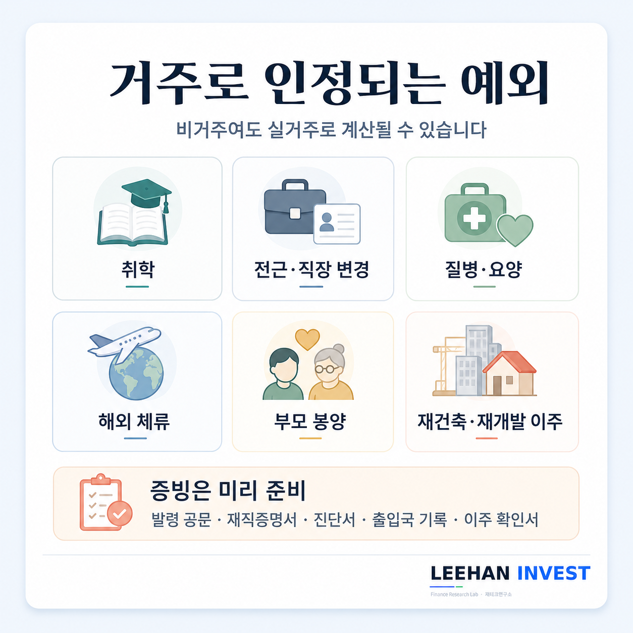 부득이한 비거주 사유 취학 전근 질병 해외체류 부모봉양 재건축 공사기간 거주기간 인정 예외 목록 정리